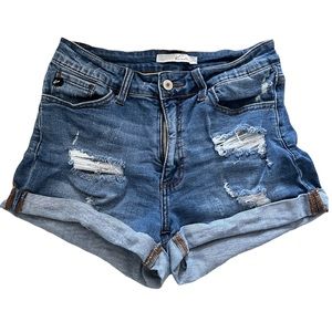 KanCan Mid Rise Estilo Medium Wash Cuffed Rolled Distressed Denim Shorts Sz 26